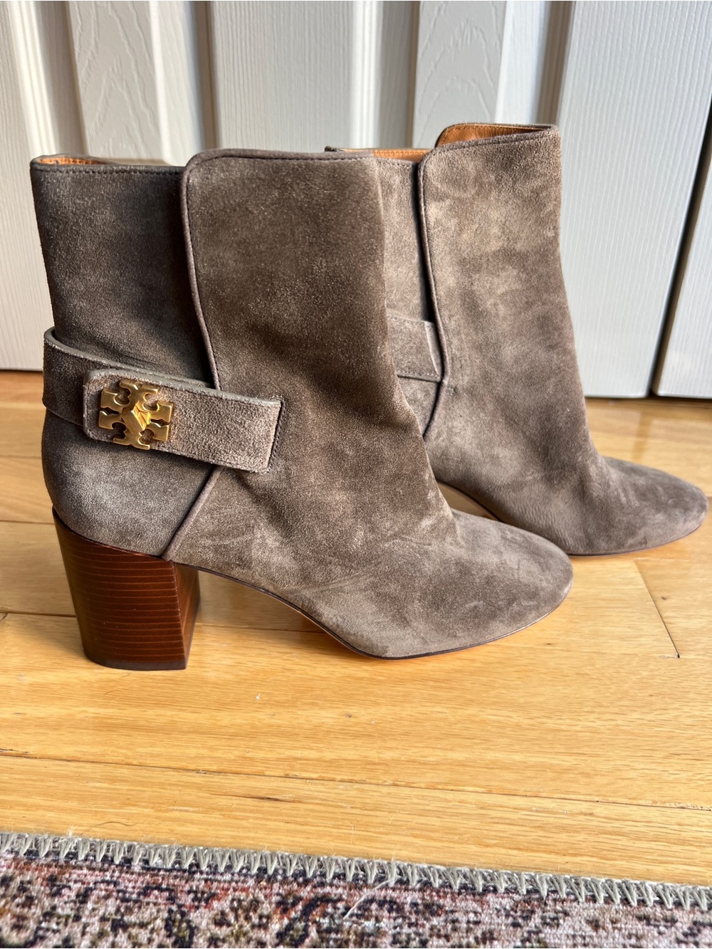 Tory Burch Taupe Suede Mid Block Heel Ankle Booties